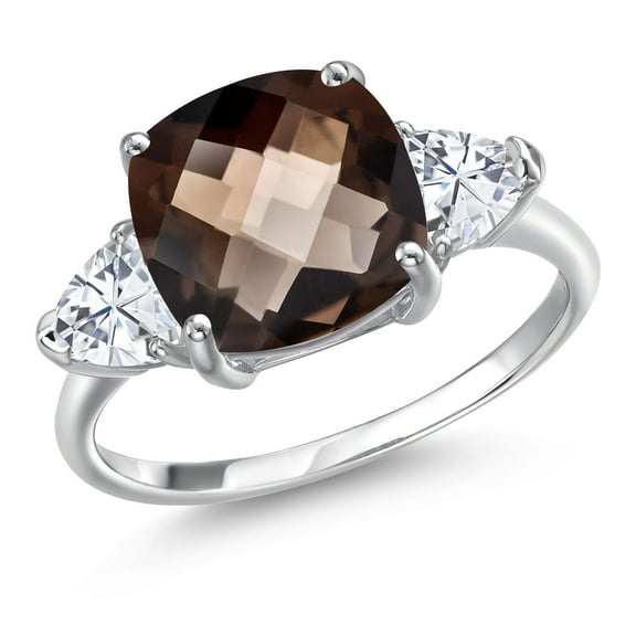 Gem Stone King 10K White Gold Brown Smoky Quartz and White Moissanite Engagement Ring for Women | 4.79 Cttw | Cushion Checkerboard 10MM | Gemstone Birthstone | Size 6