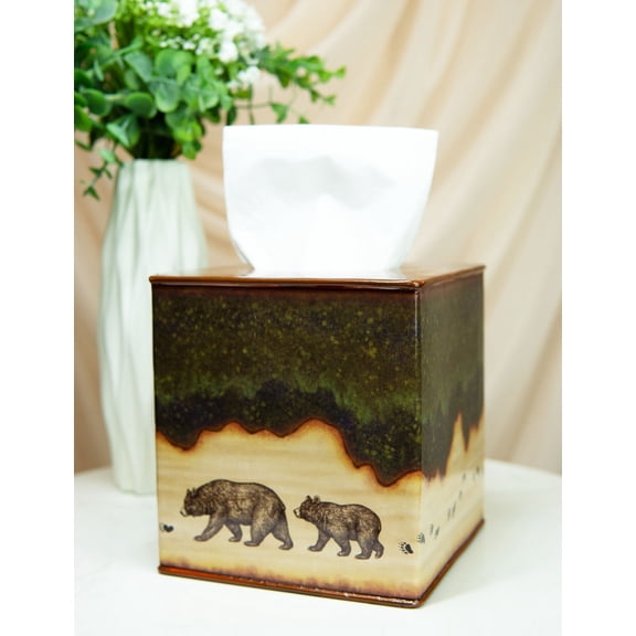 Rustic Forest Mama Bear And Cub Family Pawprint Trail Tissue Box Cover Holder