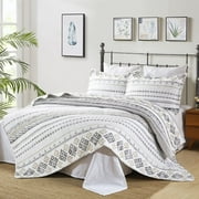 Bedduvit 100% Cotton King Size Quilt Set - Bohemian White & Charcoal Geometric Striped Quilt King, Boho Breathable Bedspread for All Season, 3-Piece Lightweight Summer Comforter Bedding Set, 98x106