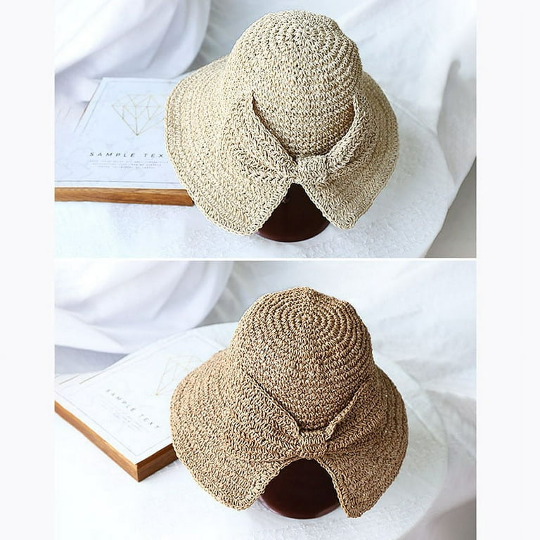 DanceeMangoo Handmade 100%Raffia Bow Sun Hat Wide Brim Floppy Summer Hats  For Women Beach Panama Straw Dome Bucket Hat Femme Shade Hat 