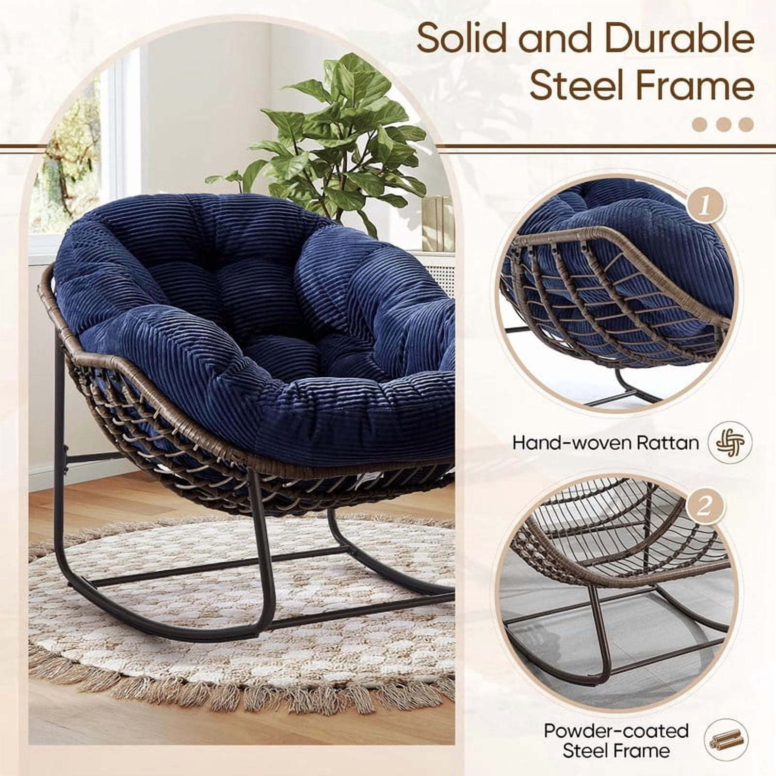 Outdoor Rattan Rocking Chair, Rocking Papasan Chair with Thick Cushion, Comfy Wicker Egg Chairs Lounge Recliner Chair, Padded Cushion Rocker
