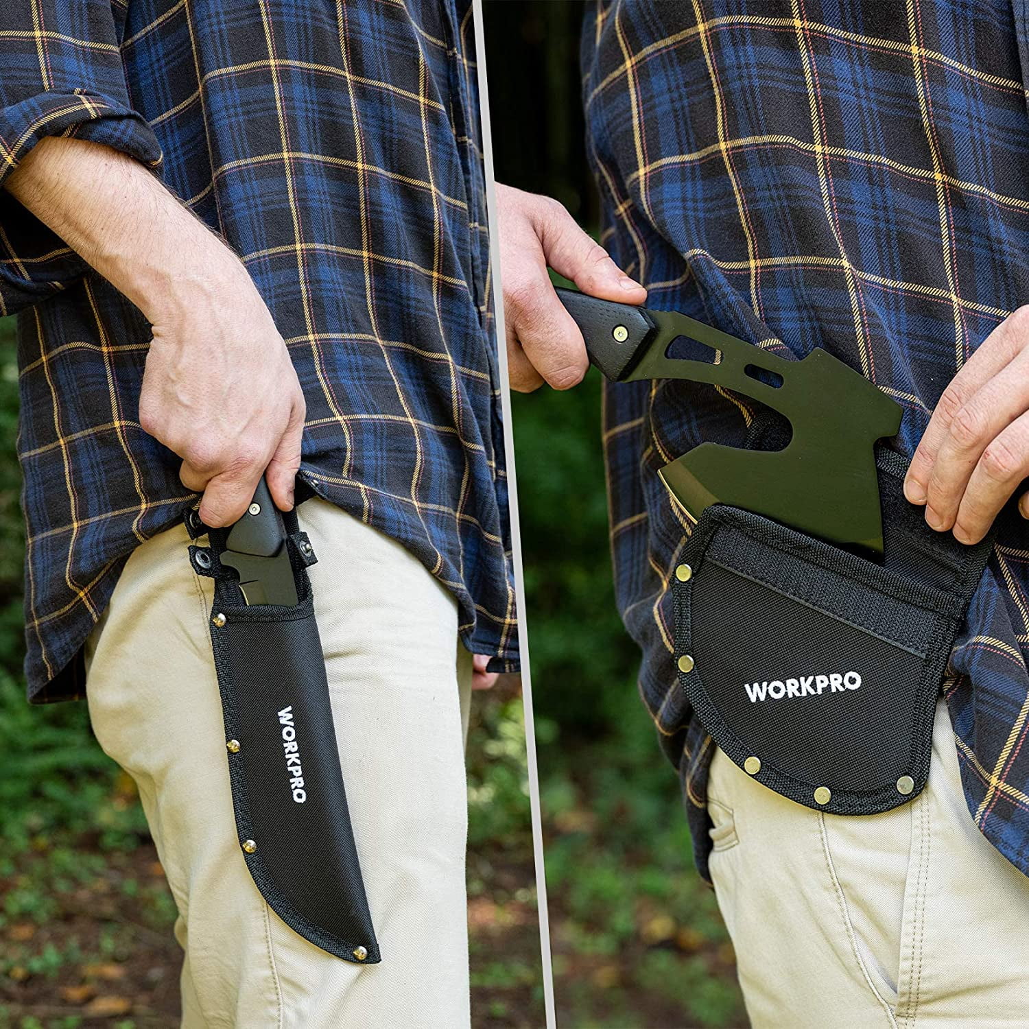 WORKPRO 10-inch Axe and 13-inch Fixed Blade Knife Combo Set, Blade Length 4.75-inch & 7.75-inch, Full Tang, Wood Handle, Nylon Sheath Included-Black