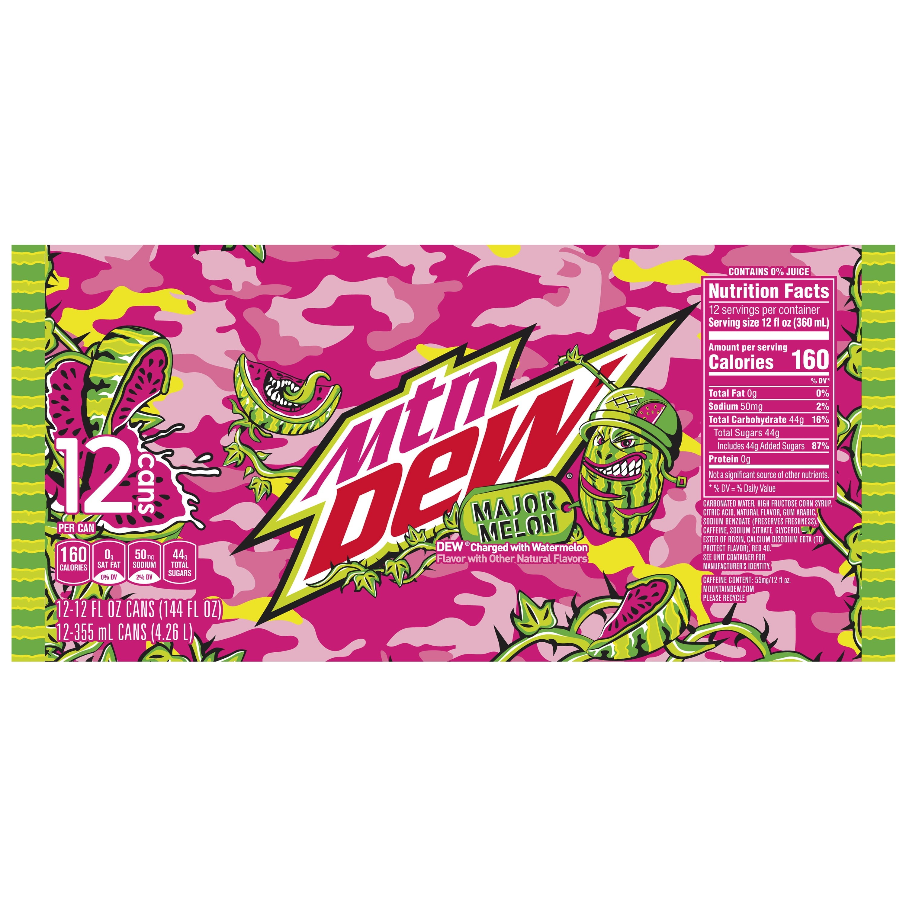 Mtn Dew Major Melon DEW Charged With Watermelon 12 Fl Oz 12 Count Cans