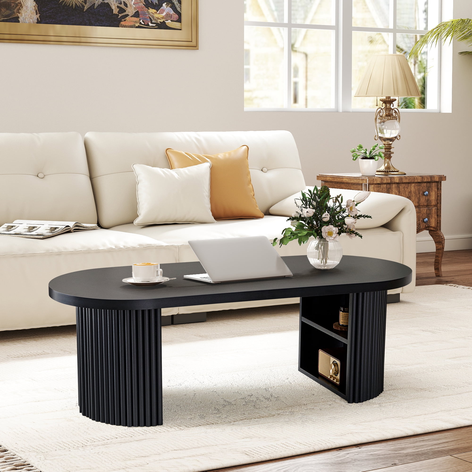 Wirrytor Mid-Century Oval Fluted Coffee Table with Hidden Storage, 47" Wood Center Table for Living Room, Black