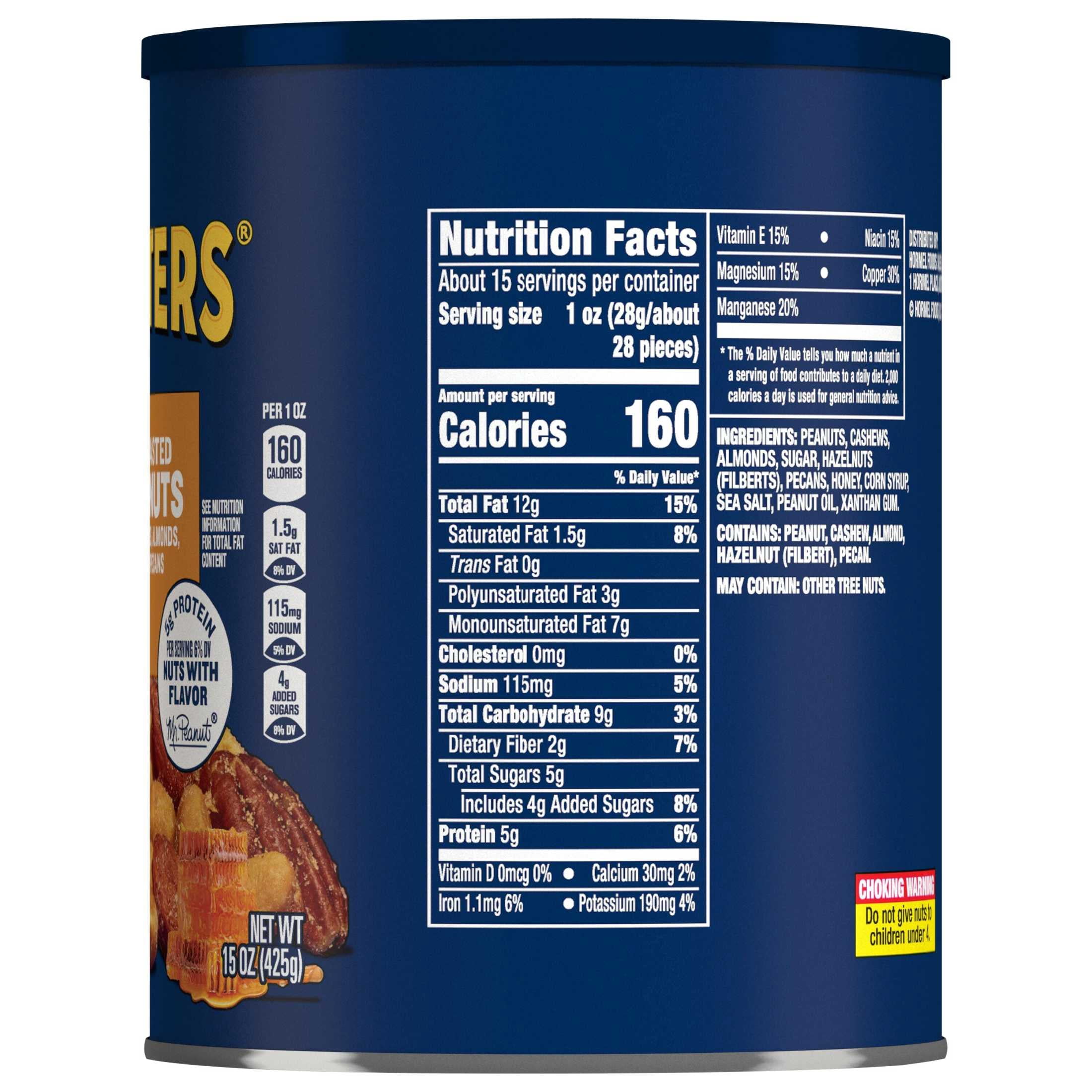 PLANTERS Honey Roasted Mixed Nuts, Party Snacks, Plant-Based Protein, 15 oz Steel Can