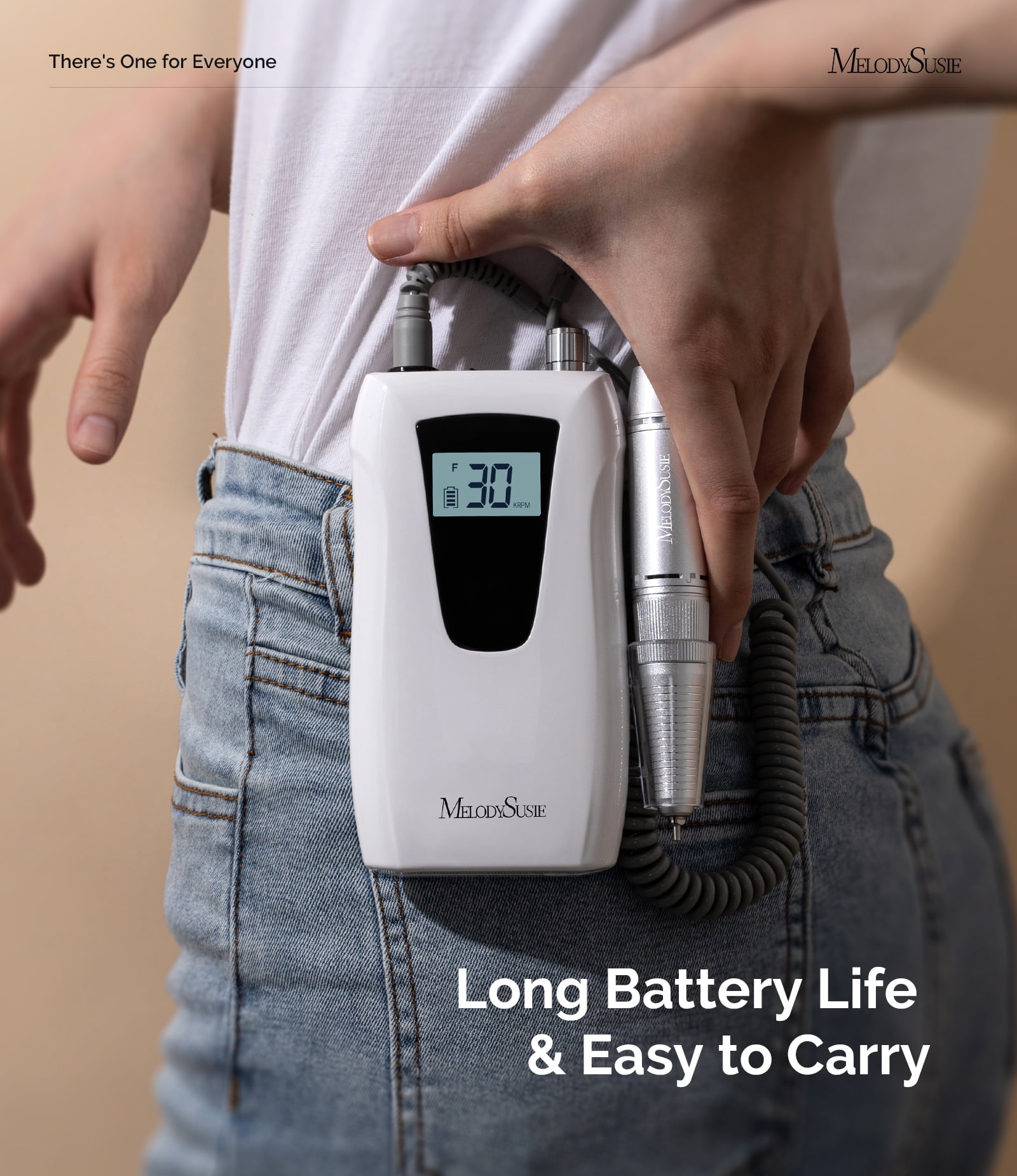 MelodySusie Entry-Level Clip-On Cordless Nail Drill,SC320D 30000RPM Nail E-File with LCD Display for Manicure Shaping & Gel Removal,White