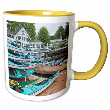 3dRose Washington, San Juan Islands. Kayaks and buildings in Roche Harbor. - Two Tone Yellow Mug,