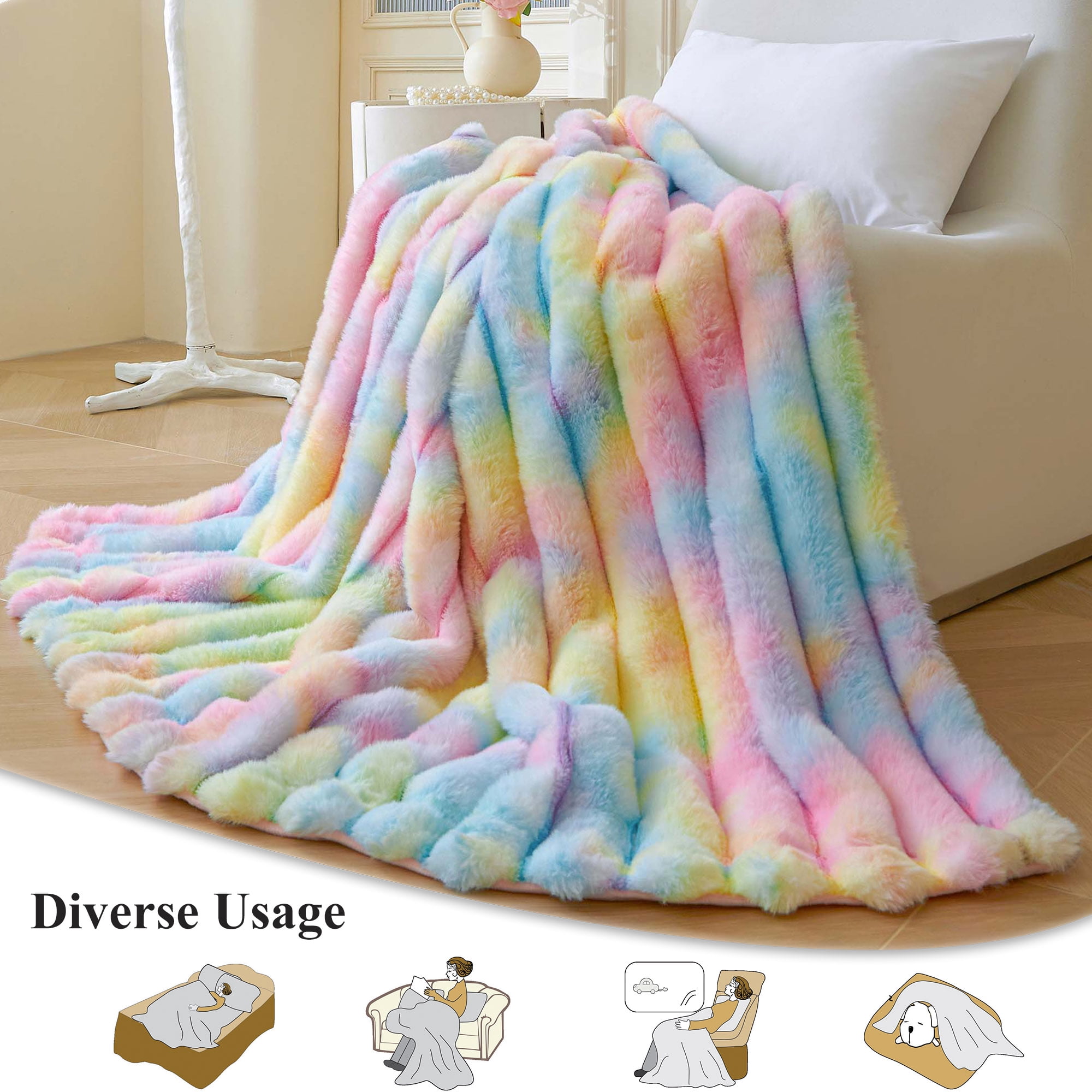 XeGe Fluffy Faux Rabbit Fur Throw, Cozy Ribbed Stripe Plush Fuzzy Blanket for Bed Couch Sofa Chair, Cute Tie Dye Shaggy Throw Bedroom Living Room, Furry Blanket for Kids Girls Teens, 50x60, Rainbow