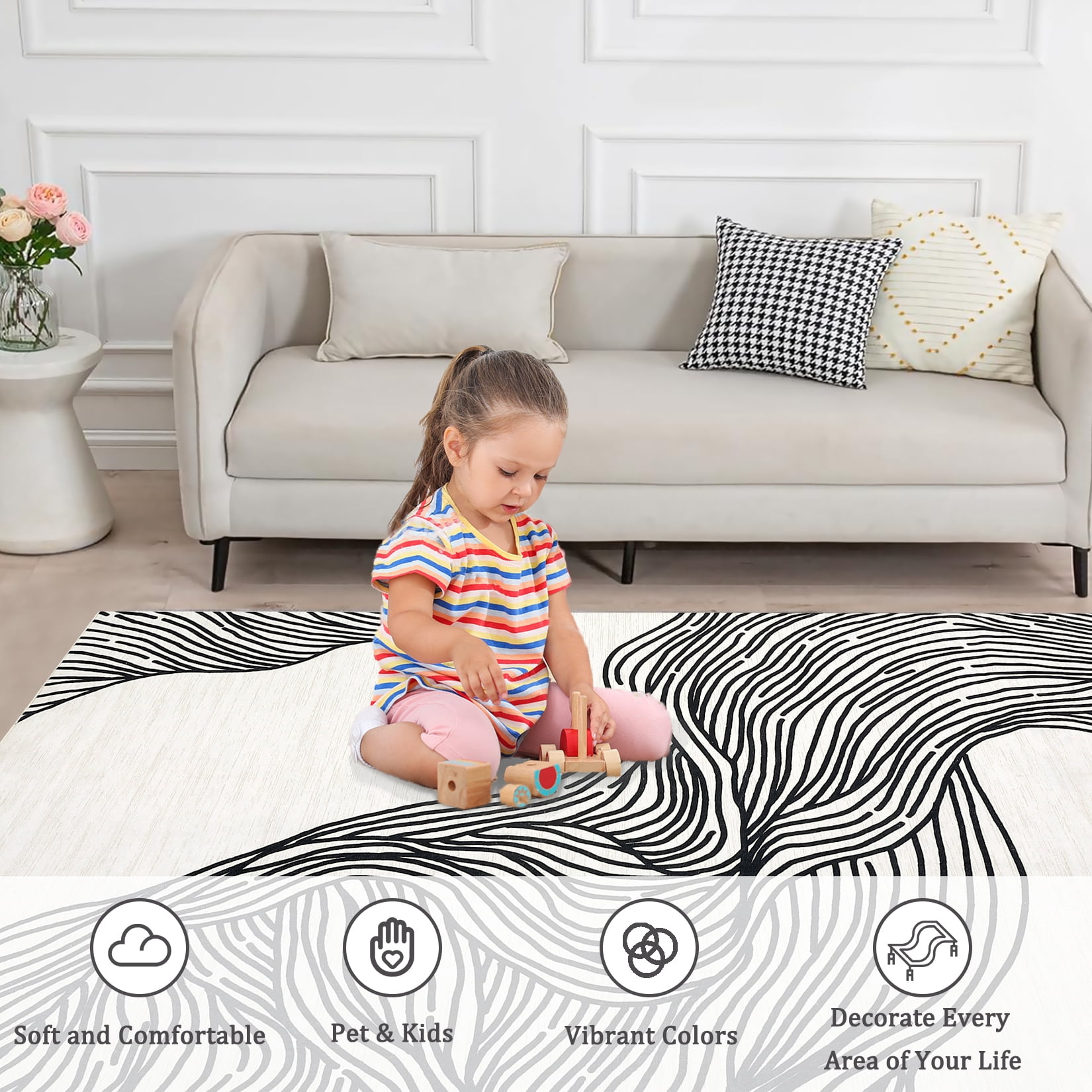 COZONY 10x13 Area Rug, Modern Abstract Washable Faux Wool Carpet with Non Slip TPR Backing, Low Pile Foldable Rug for Living Room Bedroom, Beige Black
