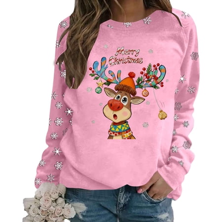 FYEGRE Women s Autumn Cotton Christmas Sweatshirt Large Size – Christmas Sweatshirt without Hood Round Neck Oversized Sweater Winter Sweatshirt Printed with Pattern Pink XL