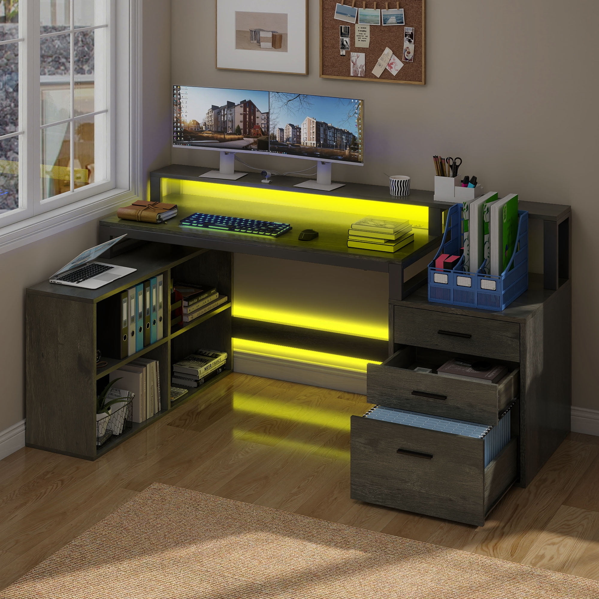 Uforic L Shaped Desk with LED Light & Power Outlets, Corner Computer Desk with Drawers & Open Storage Shelves, Gray