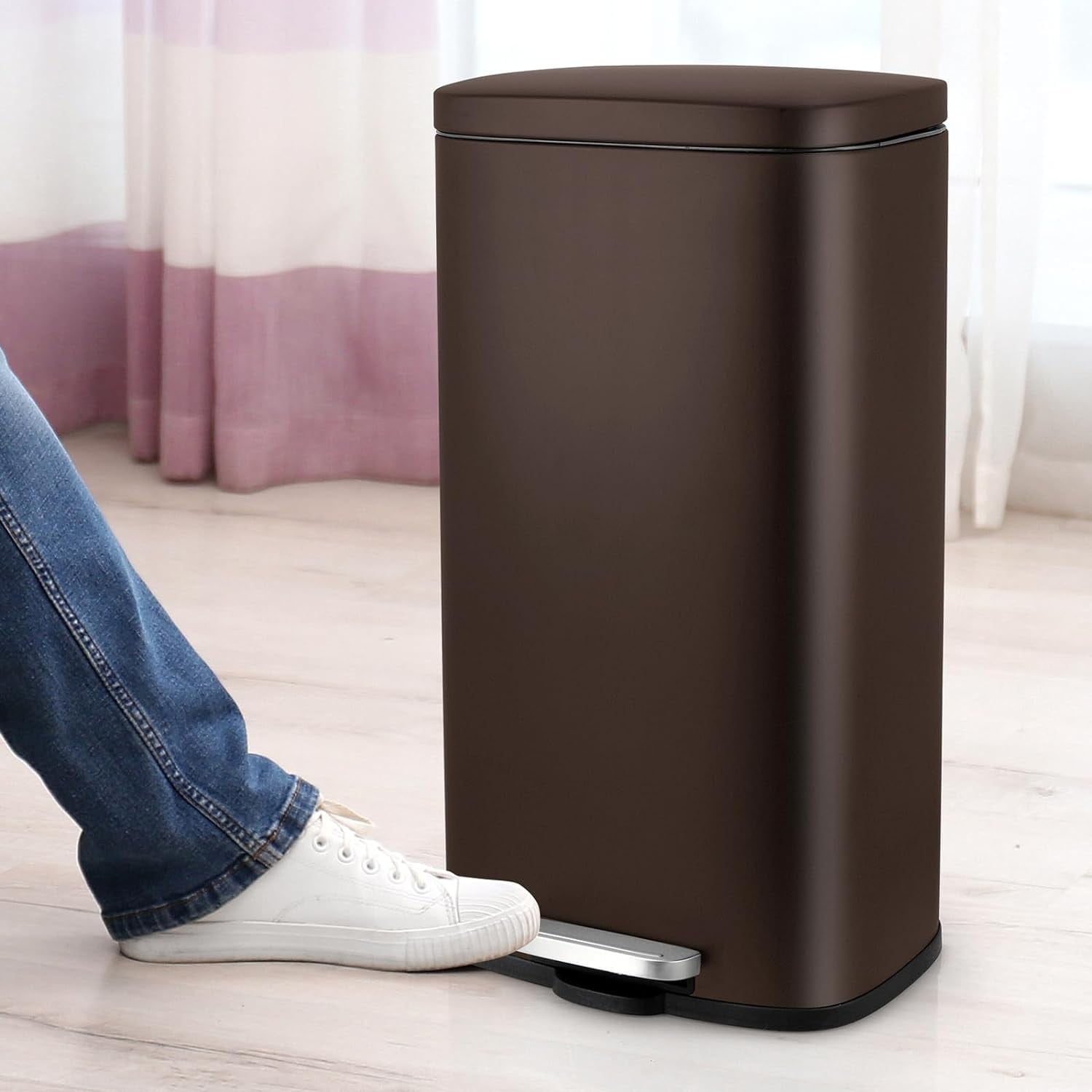 LAZY BUDDY 30 Liter / 8 Gallon Stainless Steel Trash Can with Foot Pedal, Kitchen Garbage Can with Lid & Plastic Inner Bucket