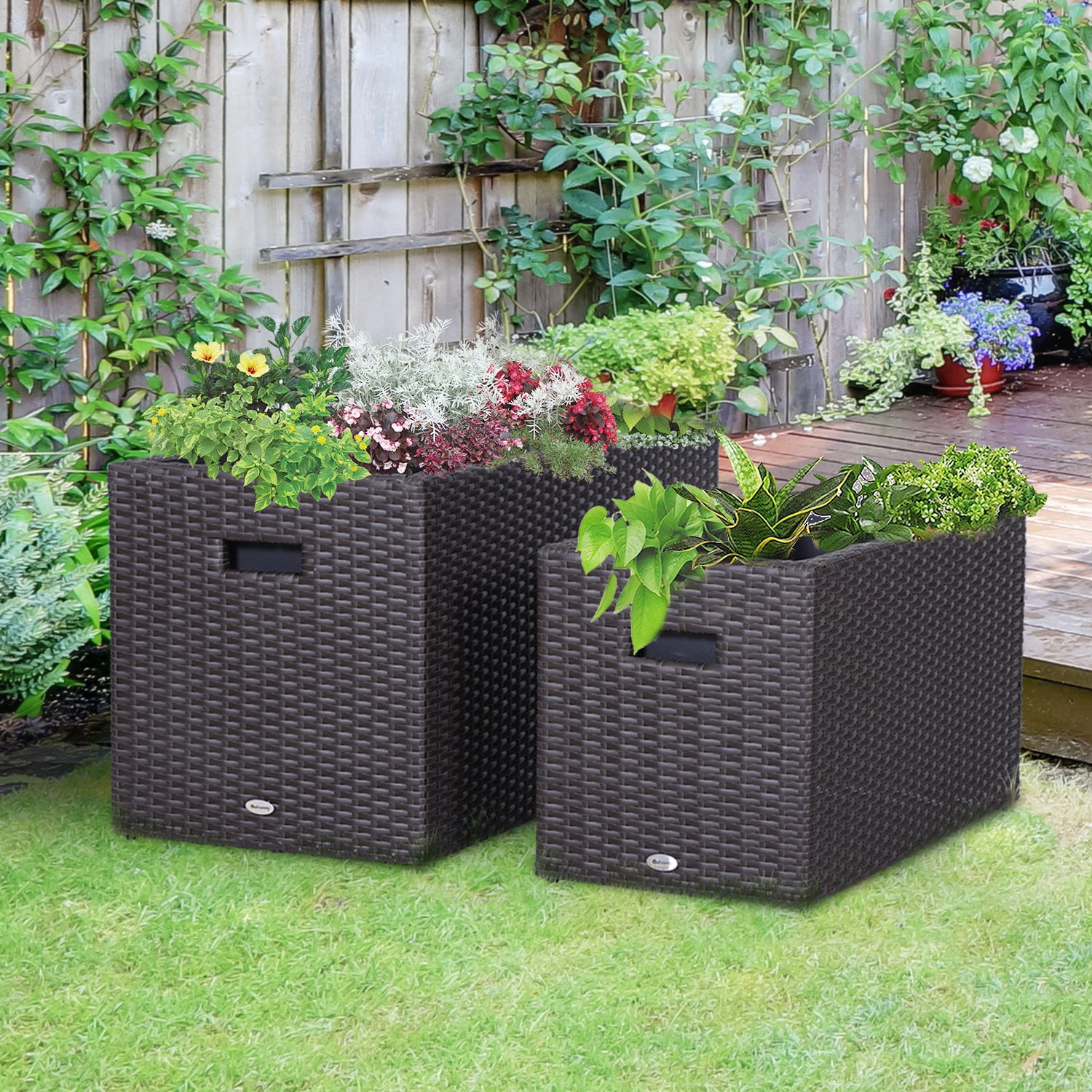 2 PCS Square Rattan Metal Flower Pot Indoor Outdoor Plants Box Seed