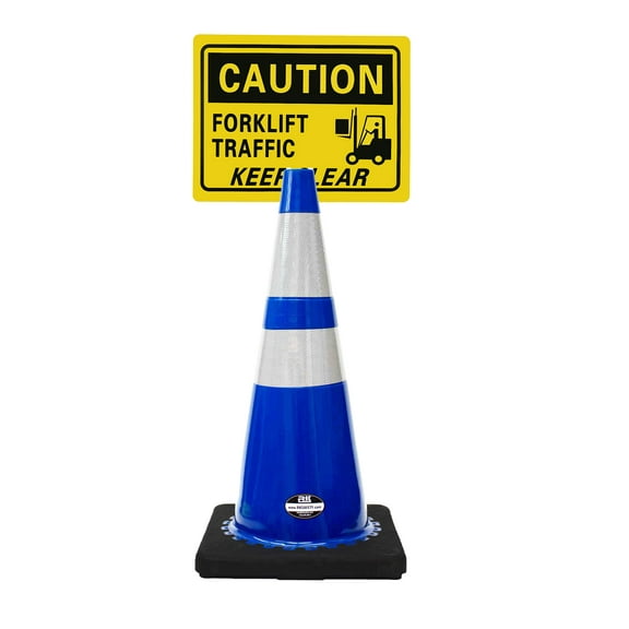 RK-Safety 28" Blue Cone, Black base With Two Reflective Tape, Plus Cone Sign 38 "Caution Forklift Traffic Keep Clear", (Cone-8 ea   Cone Sign-8 ea)