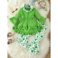 thumbnail image 2 of Toddler Girls Spring Outfits Solid Color Long Sleeve Tops Letter Green Four-Leaf Clover Print Flare Pants Headband 3Pcs Set, 2 of 9