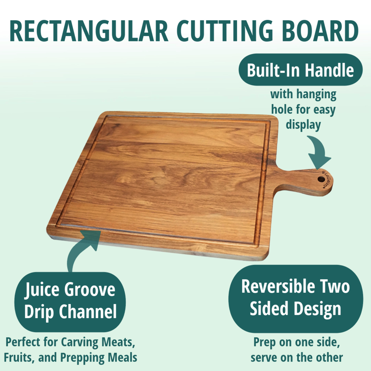 EcoDecors 19" x 12" FSC Teak Cutting Board with Juice Groove  Handle