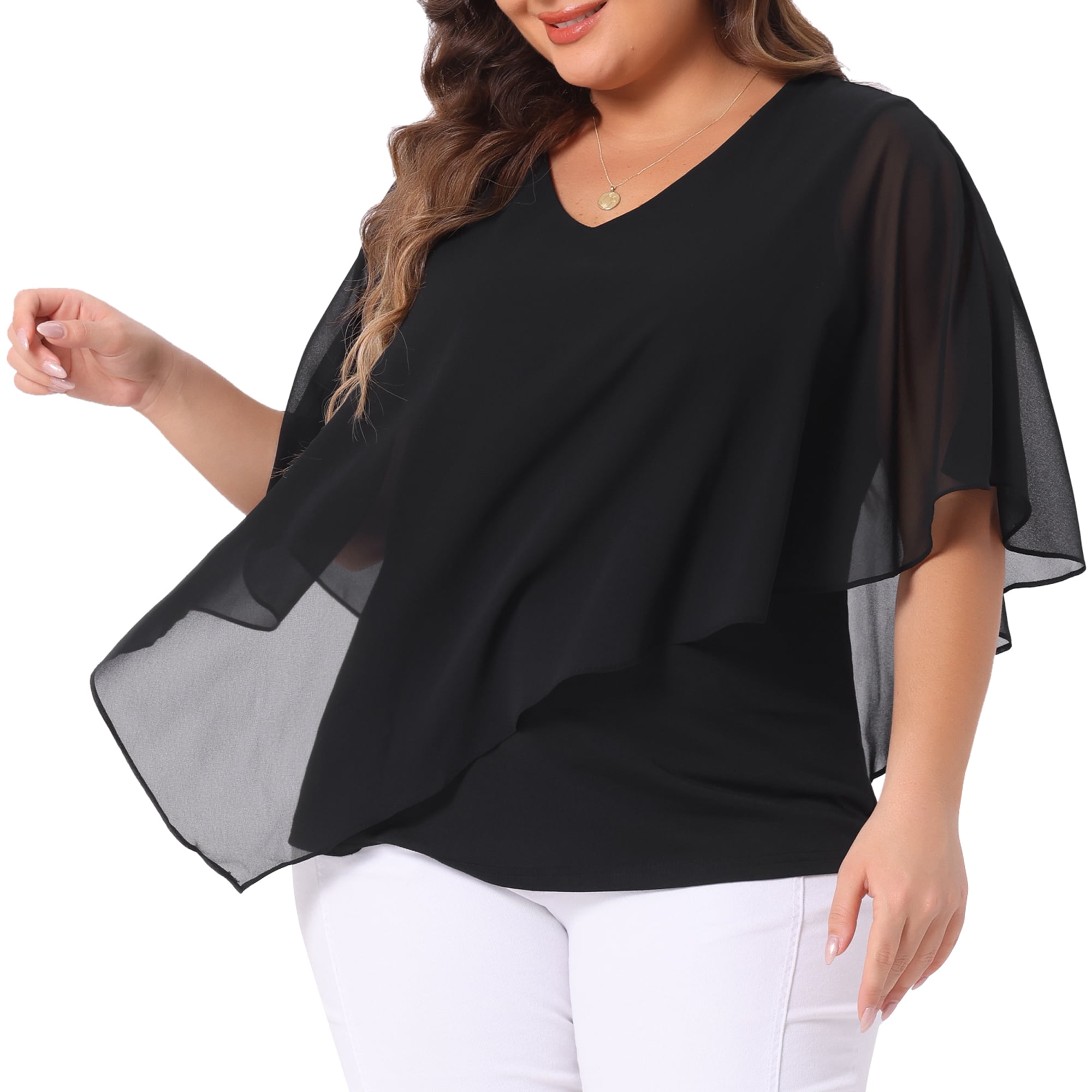 DARING DIVA Women's Plus V Neck Flowy Double Layered Chiffon Blouse 4X Black
