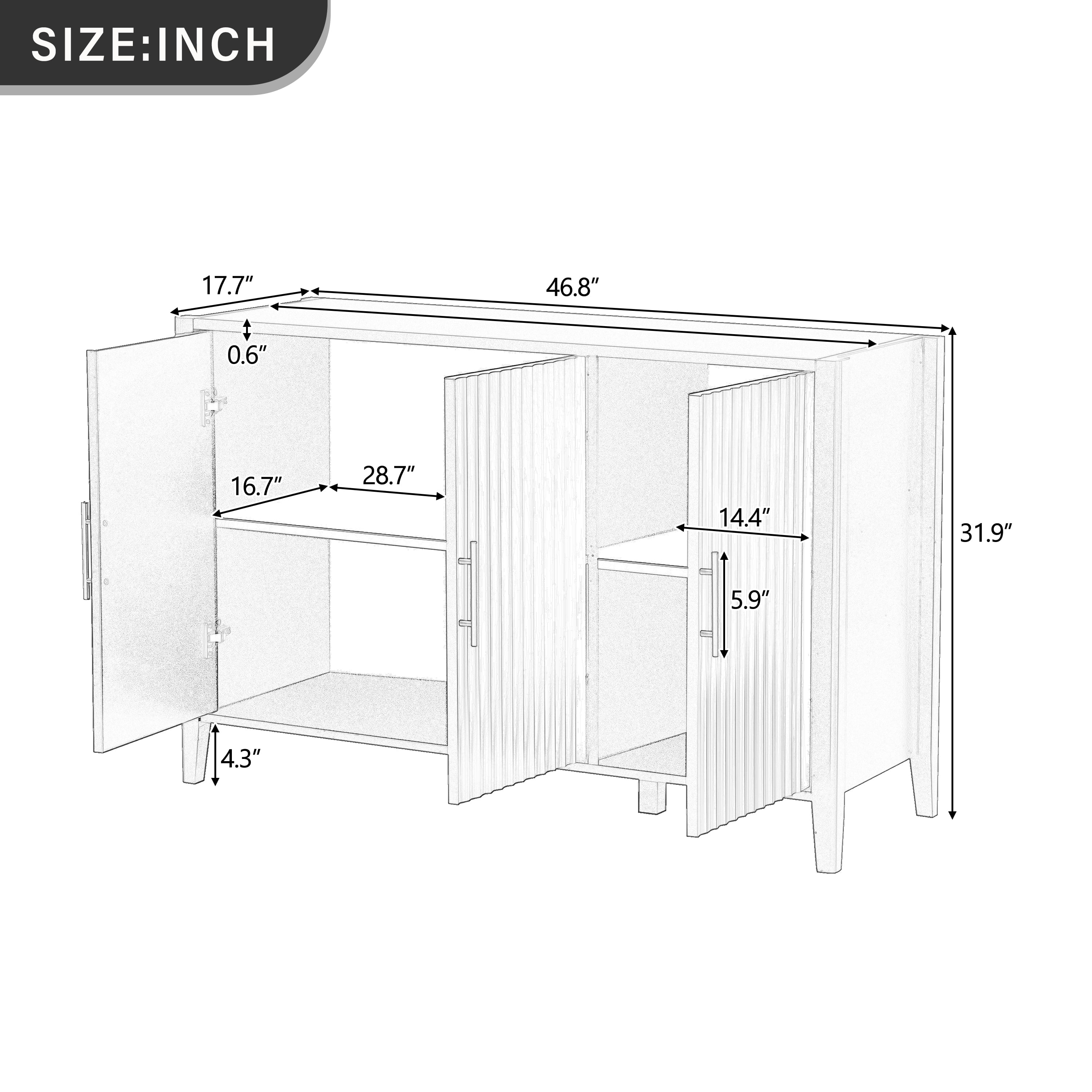 Mintazer 46.8" Fluted Sideboard Buffet Cabinet with 3 Door, Modern Wave Slatted Storage Credenza with Gold Metal Handles for Dining Room Living Room Entryway, Black
