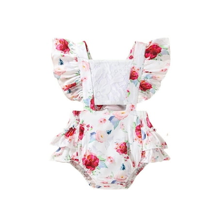 

Sunisery Infant Baby Girls Romper Floral Print Lace Stitching Fly Sleeve Ruffles Bodysuit Summer Cutout Waist Clothes Red 0-3 Months