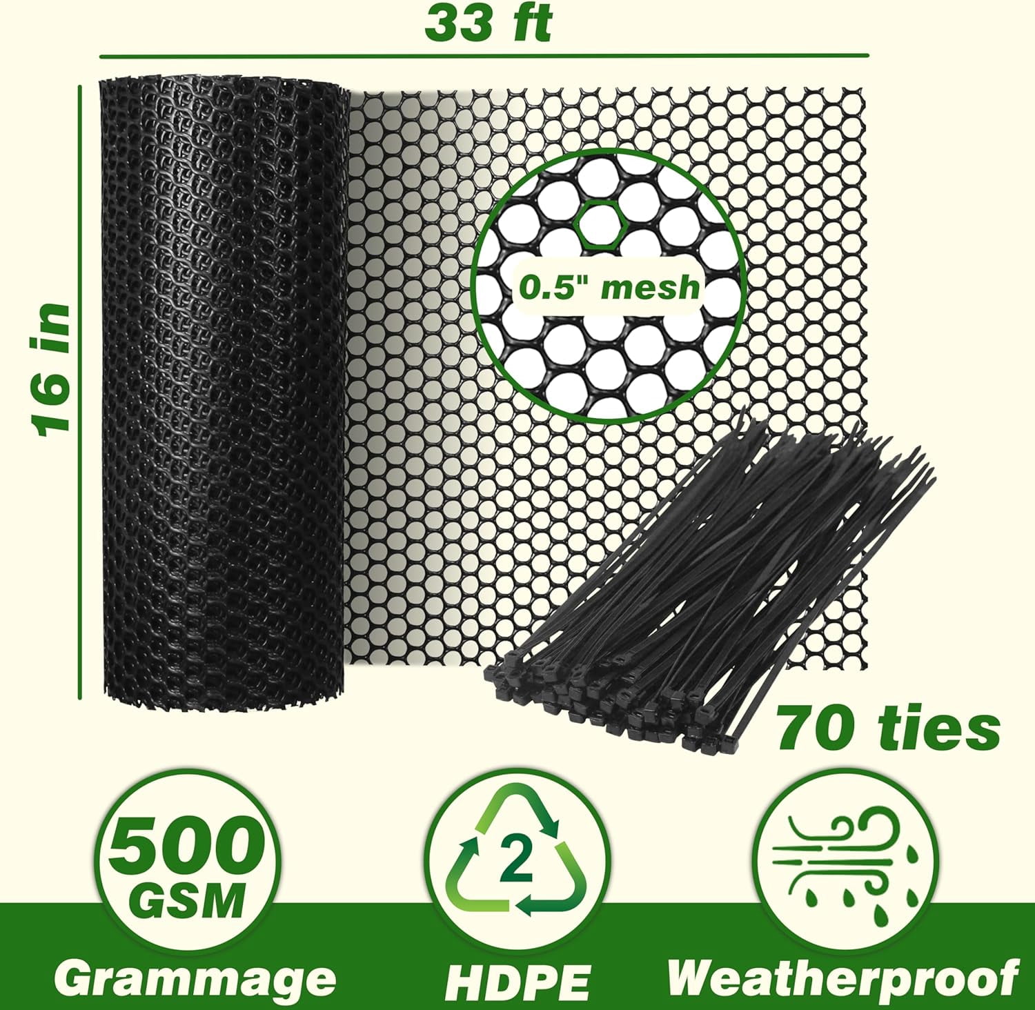 Gardzen 16in x 33ft Plastic Chicken Wire Mesh with 70 Pcs Zip Ties, 0.5in Hole Heavy-Duty Poultry Netting Garden Fence for Snow, Outdoor Barriers