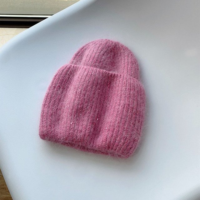LinYooLi Candy Color Rabbit Hair Knitting Wool Hat, Autumn And Winter Shining Sequins Fashion Matching Caps Melon Skin Hat Fashion