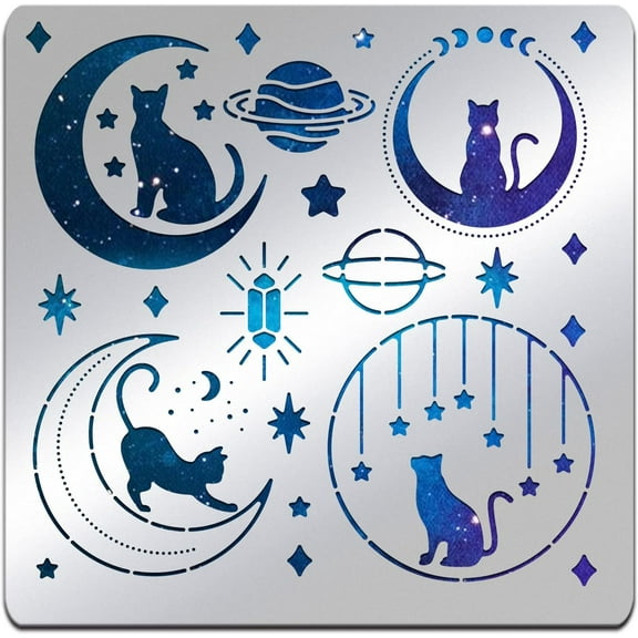 1pc Fantasy Theme Stainless Steel Stencil 6x6 inch Moon Cat Star Metal Notebook Stencil Templates for Wood Burning and Engraving Crafting DIY Scrapbooking Photo Album