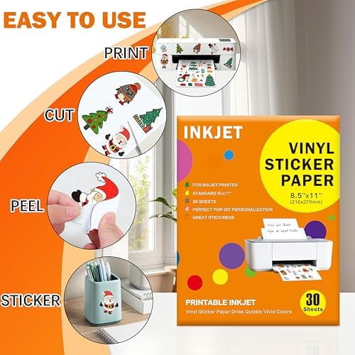 30 Sheets Premium Printable Vinyl Sticker Paper Clear - 8.5x11" for Inkjet Printers, Waterproof Tear Resistant, Dries Quickly, Vivid Colors, Easy to Cut for Cutting Machines, DIY Self-Adhesive Labels