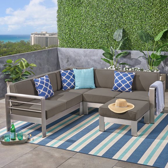 Gannon Outdoor 4 Piece Aluminum Sectional Sofa Set with Coffee Table and Ottman, Silver, Gray