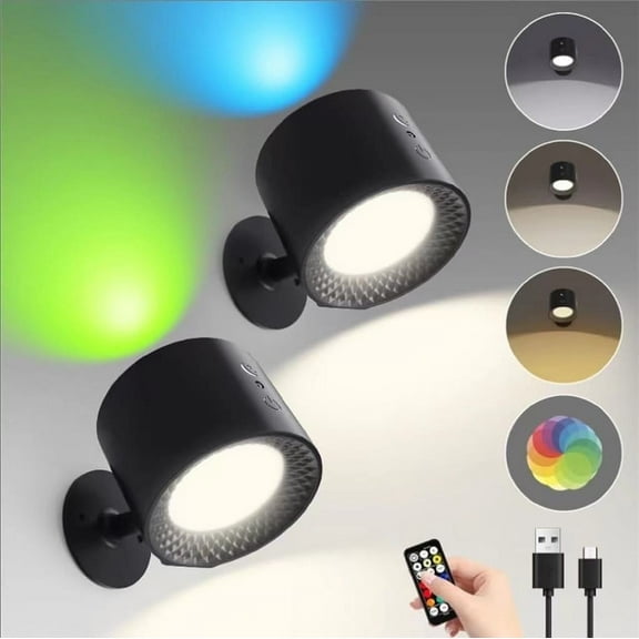 Battery Operated Wall Sconce Wireless Magnetic Wall Lights with Remote 9 Colors RGB Rechargeable Ambient Sconce 3 Color Temp Dimming & Removable Wall Mounted Lamp for Bedroom 2PCS
