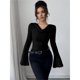 thumbnail image 5 of Camisetas de Punto Acanalado con Cuello Vuelto y Larga para Mujer, Tops Ajustados Fruncidos para Salir, Camisetas Básicas para Otoño Negro L, 5 of 8