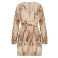 thumbnail image 5 of BLTIBY Womens Sequin Prom Dresses Deep V Neck Glitter Long Sleeve Waist Evening Party Gowns Fashion Elegant Short Dress Beige XL, 5 of 8