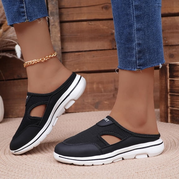 Caywon Women's Casual Slip on Half Shoes Breathable Arch Support Walking Mules Shoes Open Back Slip on Flats Non-Slip Sneakers Sandals
