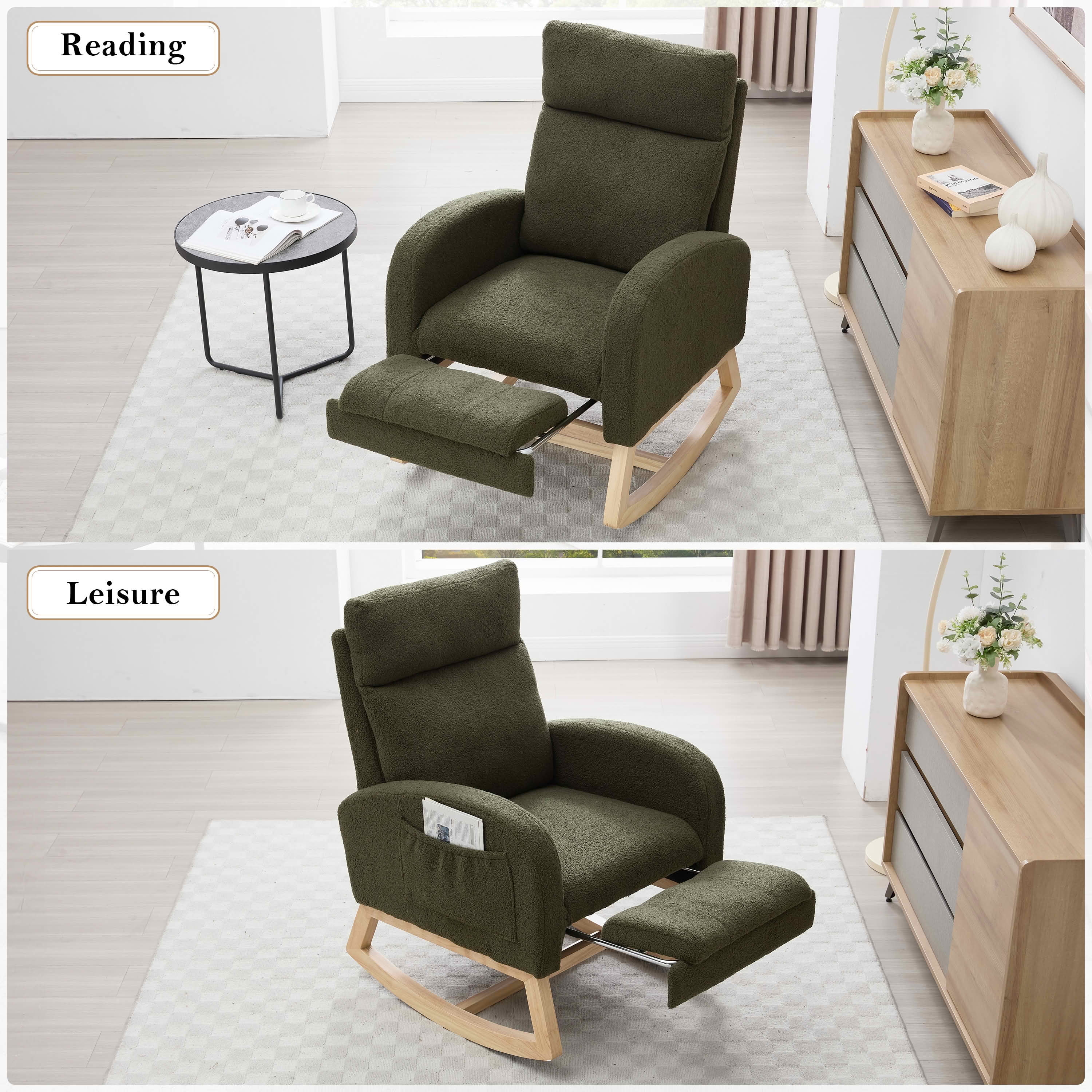 MAYEERTY Teddy Fabric Leisure Rocking Chair, Nursery Chair with Adjustable Footstool, Thickened Headrest, High Backrest & Right-Side Storage Pocket, Solid Wood Base Rocker, Green