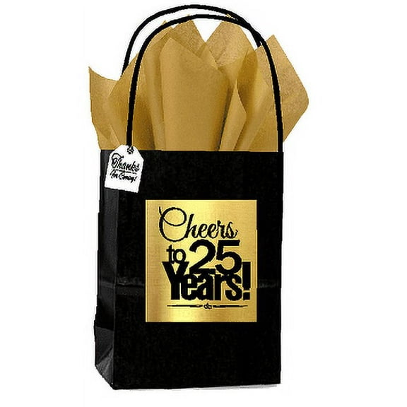 Black & Gold 25th Birthday / Anniversary Cheers Themed Small Party Favor Gift Bags with Tags -12pack