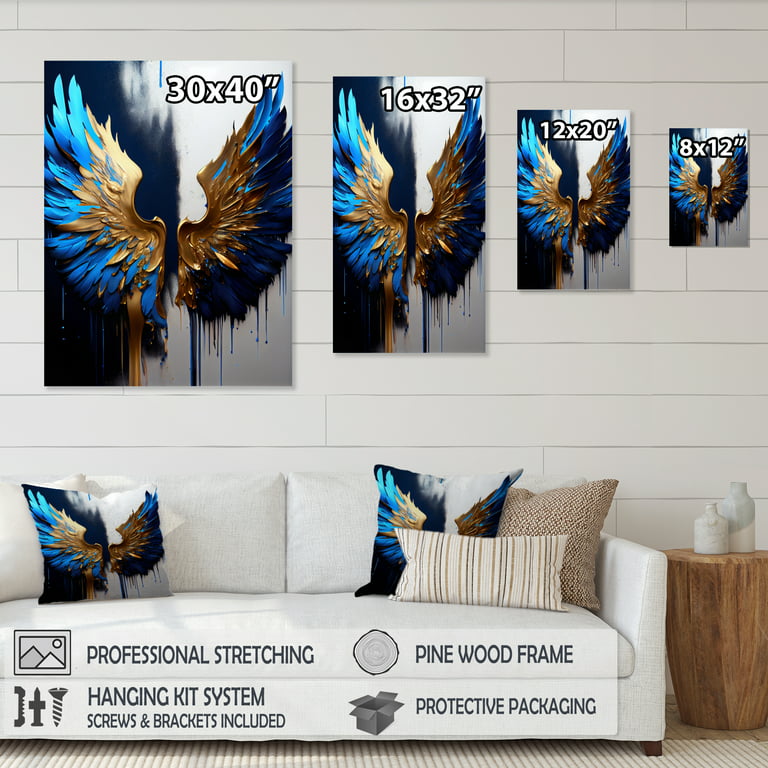 Designart Blue and Gold Angel Wings III Contemporary Glam Framed Canvas Art Print - 30 in. Wide x 40 in. High