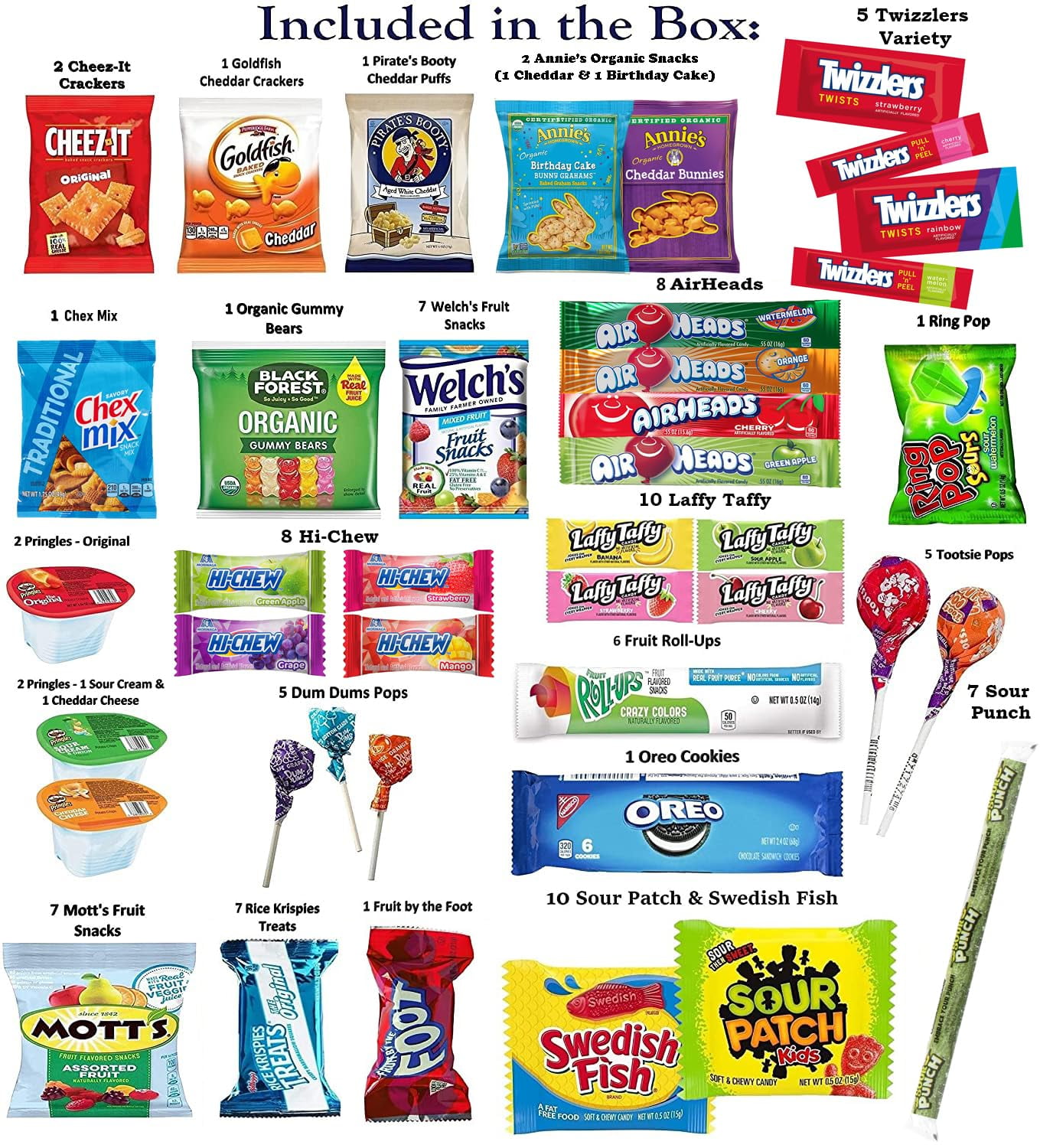 Foxy Fane 100 Count Snack Box - Gift Basket with Variety Assortment of Crackers, Cookies, Candy