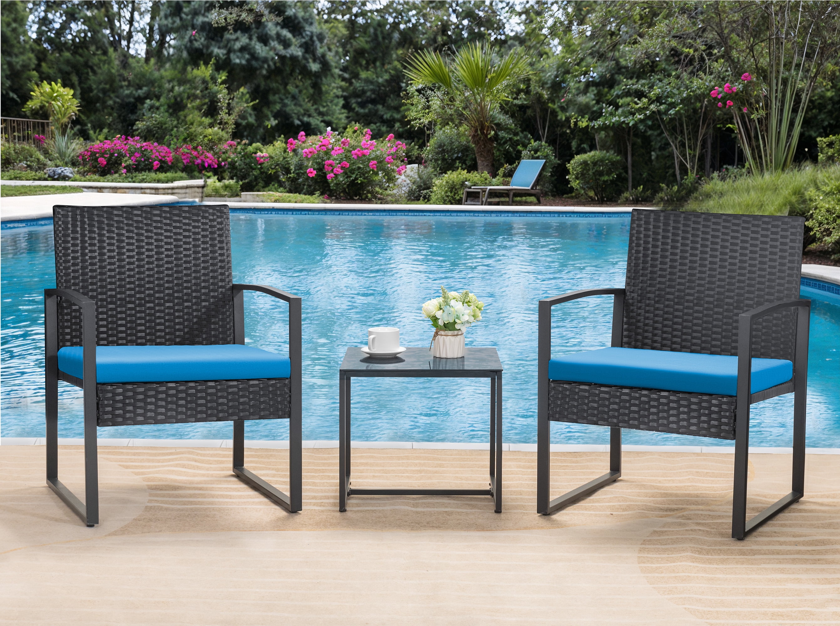 Homall 3-Piece Casual Bistro Set with Wicker Chairs and Coffee Table for Patio Furniture, Black/Blue