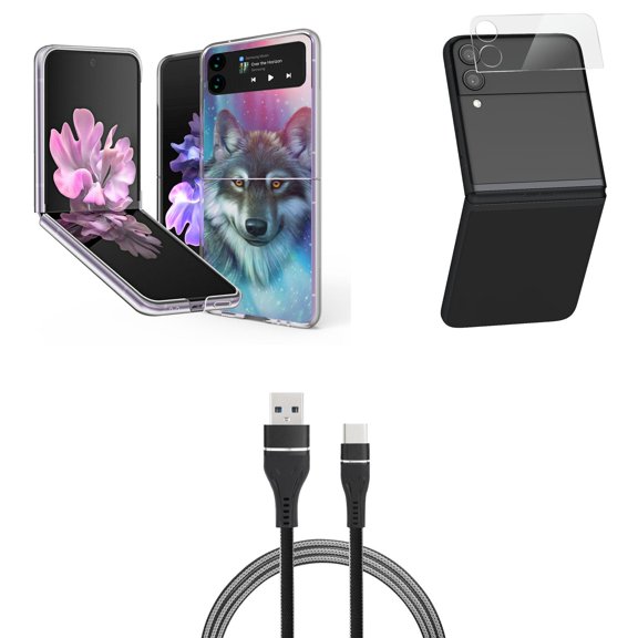 Bemz Premium Bundle for Samsung Galaxy Z Flip 3 5G: Slim Snap-On Protector Case (Mystic Wolf), Rear Camera Glass Protector, Nylon Braided USB-C to USB-A Cable (3 Feet)