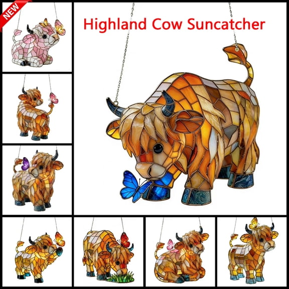 KOYPTL Highland Cow Suncatcher for Window Home Decor 2D Acrylic Farmhouse Easter Suncatcher Hanging Ornament for Tree Wall Easter Gift for Mom Women Friends Family Easter Decorations Indoor Outdoor