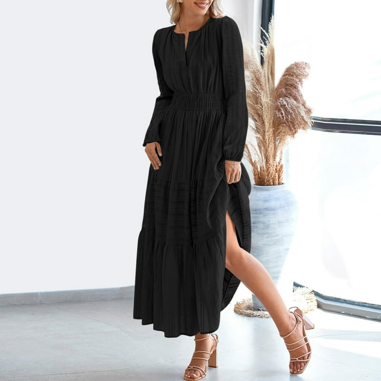 Qulqfy Wedding Guest Dresses for Women Fall Long Sleeve Maxi Black Elastic Waist A Line V Neck Tiered Dresses Dress for Women L Qulqfy Wedding Guest Dresses for Women Fall Long Sleeve Maxi Black Elastic Waist A Line V Neck Tiered Dresses Dress for Women L