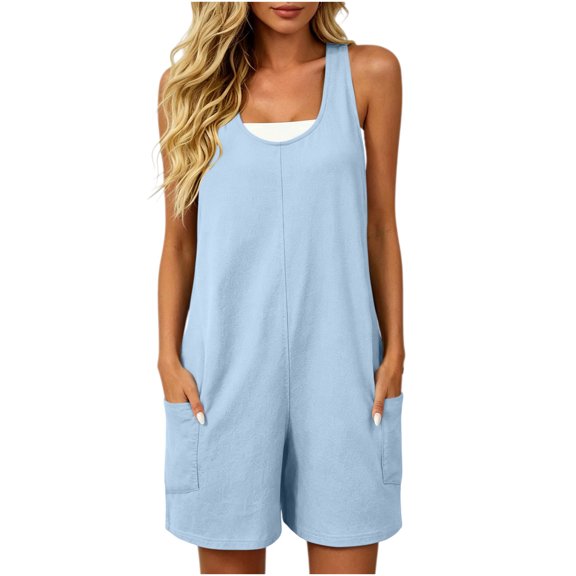 Utoimkio Women's U Neck Sleeveless Short Romper Jumpsuit,Loose Fit Side Pocket Casual Overall Shorts for Summer Beach Daily Wear