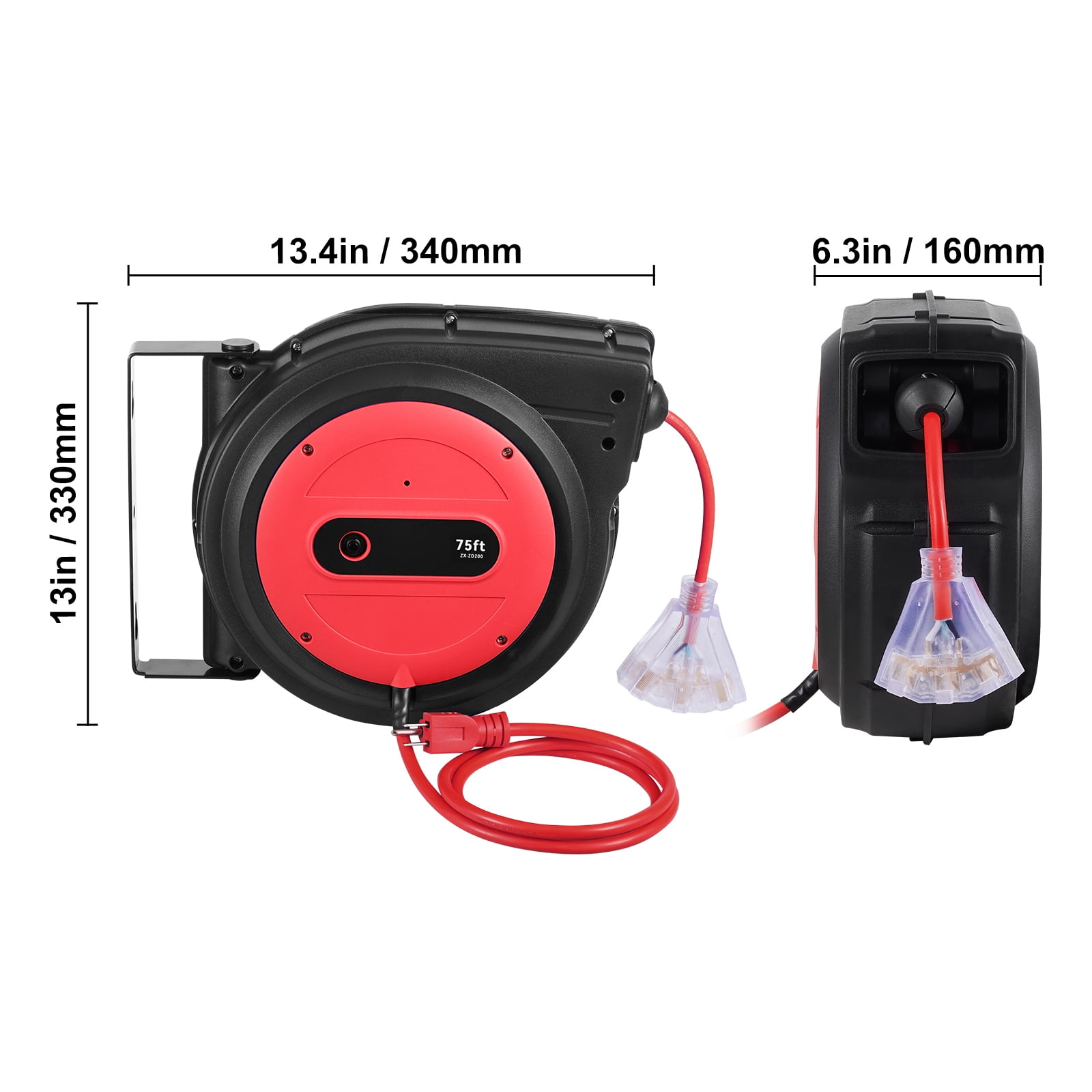 KFFKFF Retractable Power Cable Reel, 75 FT, Durable 14AWG/3C SJTOW Extension Cord with Illuminated Triple Outlet, 13 Amp Safety Circuit Breaker, 180° Rotatable Bracket for Wall ,Ceiling Installation