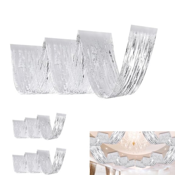 Fringe Ceiling Drapes,Portable Shiny Wall Hanging Tinsel,Durable Metallic Ceiling Streamers,Party Decorations for Outdoor Indoor Use,4Pack,Silver
