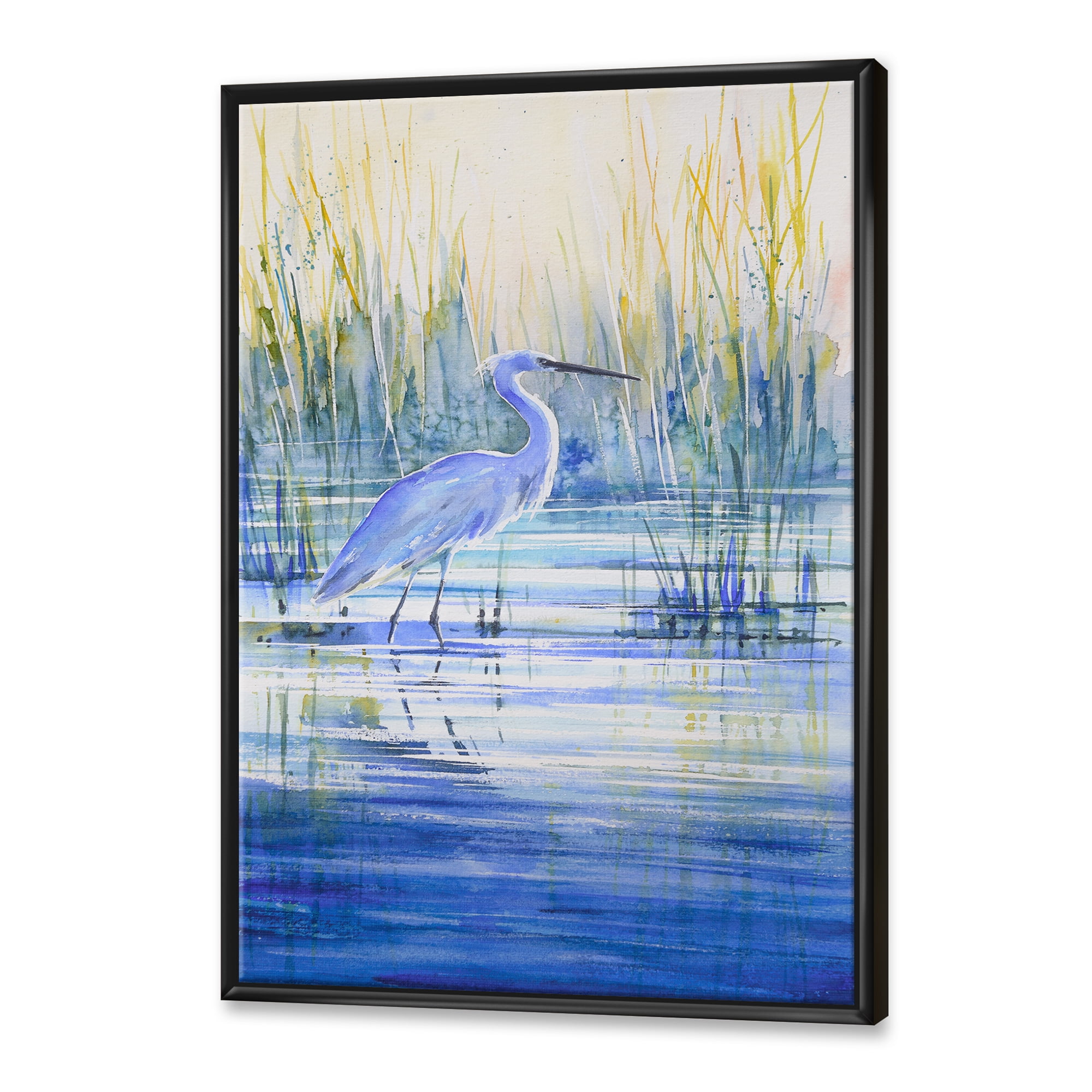 Designart 'Blue Heron On The Lake Shore' Traditional Framed Canvas Wall Art Print