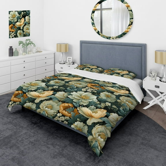 Designart "Verdant Botanical Elegance I" Green Damask Bedding Covert Set - Bohemian & Eclectic Bed Set With 2 Shams