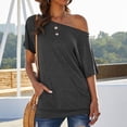 thumbnail image 2 of Olyvenn Womens Stylish Off The Shoulder Tops Summer Short Batwing Sleeve Loose T-Shirts Solid Color Casual Tunic Shirts Dark Gray 12, 2 of 6