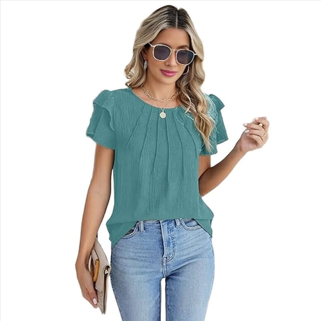 Blusas Elegantes e Informales para Mujer, Blusas de Trabajo, Camisas de Verano, Trajes de Corta con Cuello Redondo 2025, Verde, Talla M