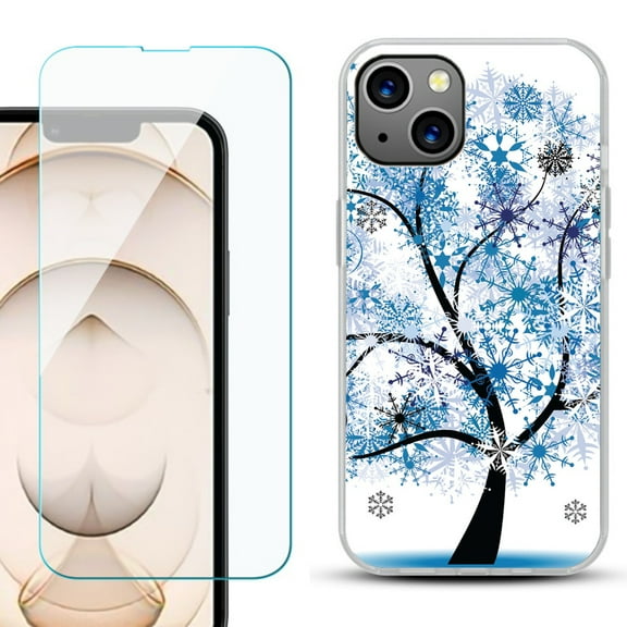 Slim-Fit Flexible TPU Gel Phone Case for iPhone 13, with Tempered Glass Screen Protector, by OneToughShield ® - Snowflakes Tree