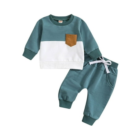 

WREESH Toddler Kids Boys Girls Clothes Infant Cotton Ribbed Sweatshirts Outfits Color Block Long Sleeve Crewneck Pullover Tops with Solid Jogger Pants Two Piece Set Blue