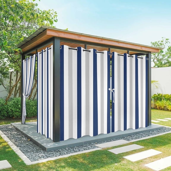Navy Blue White Stripes Outdoor Curtains for Patio Waterproof, Minimalist Abstract Vertical Striped Grommet Curtains for Porch Outside Privacy Drape for Gazebo Garden Pergola, 1 Panel, 54x95in